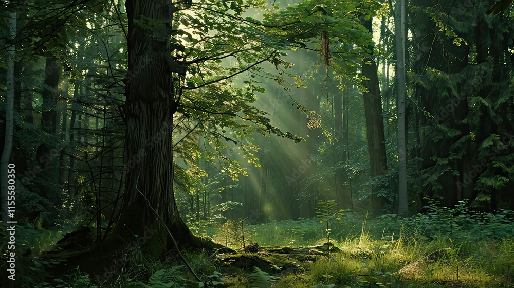 custom made wallpaper toronto digitalA tall tree in a dense forest with sunlight shining through the leaves.