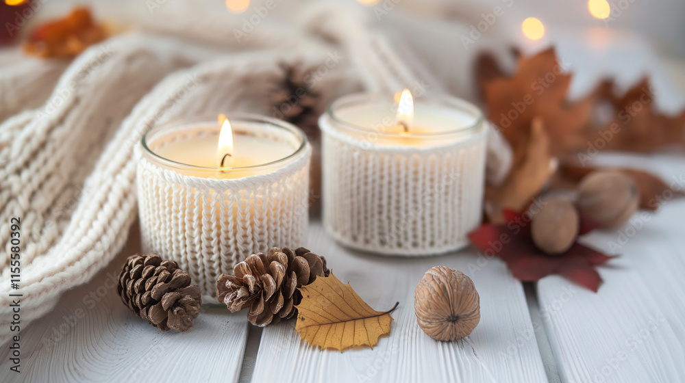 Cozy Autumn Scene With Lit Candles And Natural Accents Cozy Autumn Scene With Lit Candles And Natural Accents