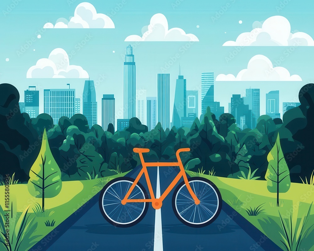 Naklejka premium City bike lane winding through urban park, skyline in background, tranquil and green scene