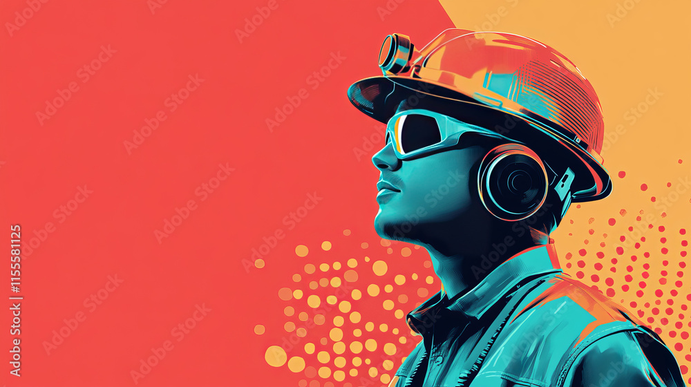 Working of the particles. Worker in a helmet with a walkie-talkie consists of circles and points. Vector illustration Working of the particles. Worker in a helmet with a walkie-talkie consists of circles and points. Vector illustration