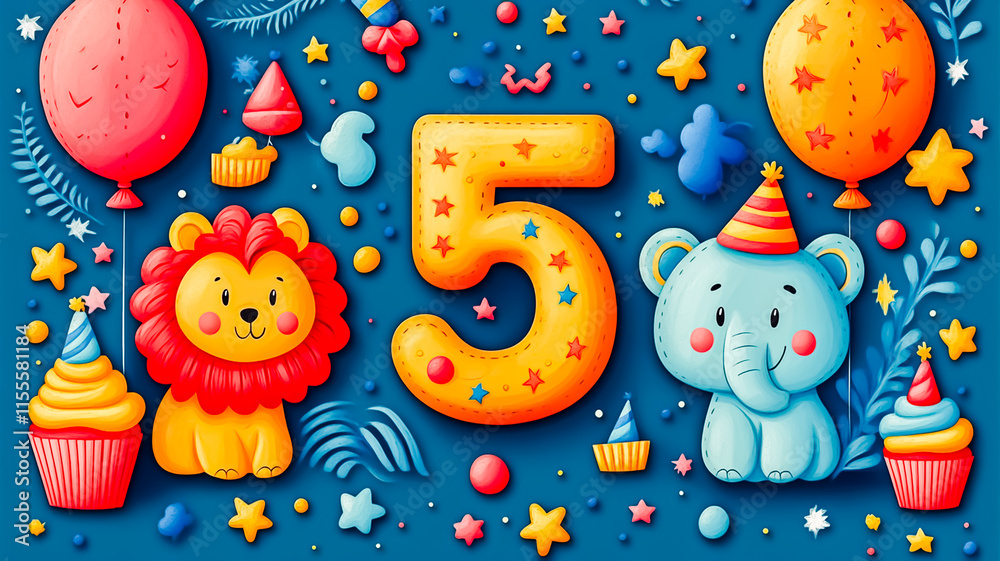 Naklejka premium A cheerful illustration features a bright red number 5 surrounded by playful balloons, a smiling blue elephant, a yellow bear, cupcakes, and colorful confetti.