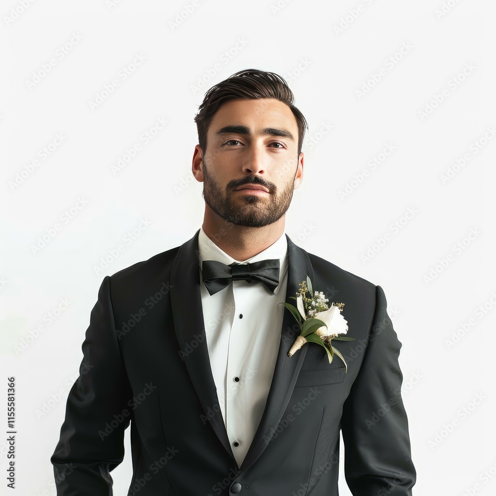 Groom wearing a tuxedo and boutonniere posing for a portrait on a white background Groom wearing a tuxedo and boutonniere posing for a portrait on a white background