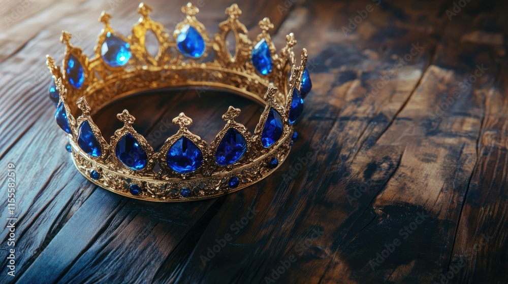 Fototapeta premium A medieval-style crown featuring brilliant blue gems, placed on an ancient, rustic wooden table.