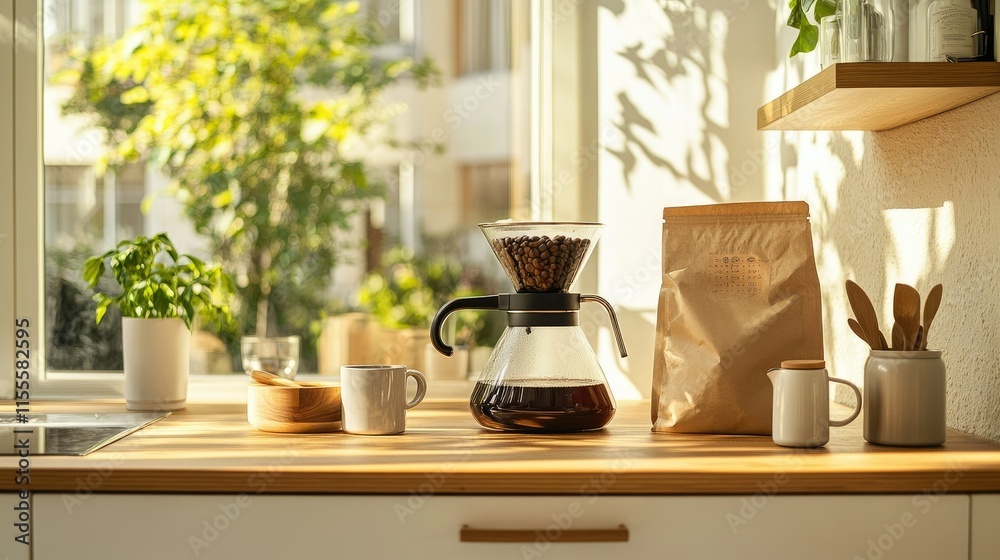 A minimalistic coffee drip setup in a bright kitchen, with a bag of coffee beans and a mug on the side. A minimalistic coffee drip setup in a bright kitchen, with a bag of coffee beans and a mug on the side.