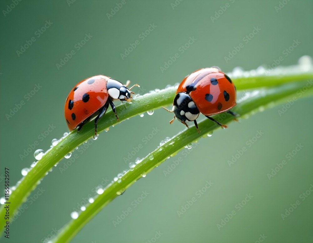 Fototapeta premium Macro Photography Ladybug on a Curled Green Stem in Stunning Detail