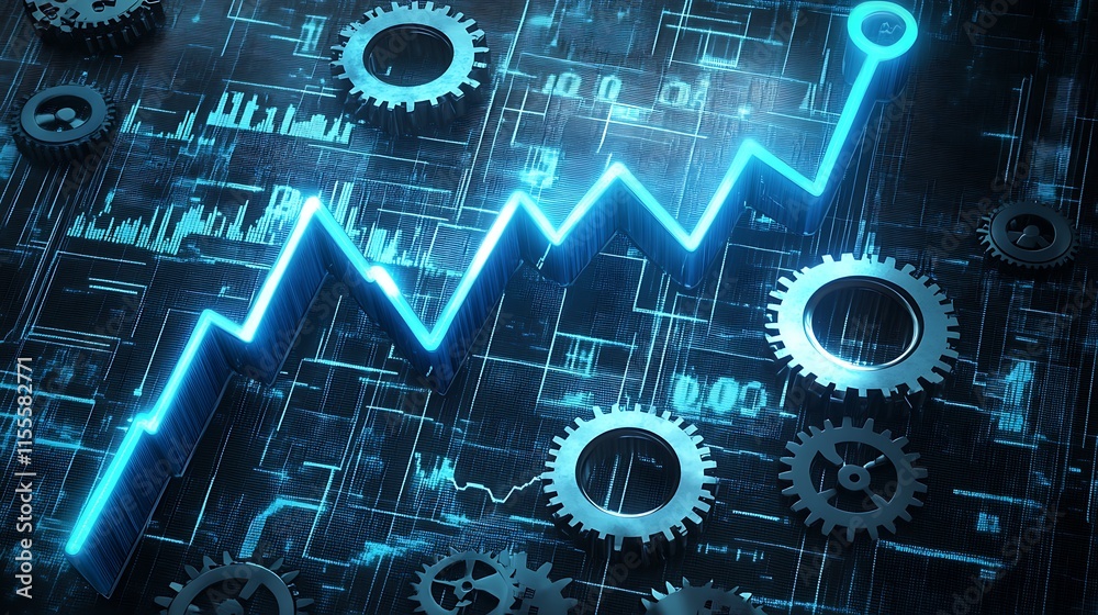 Glowing upward graph among gears and data. Glowing upward graph among gears and data.