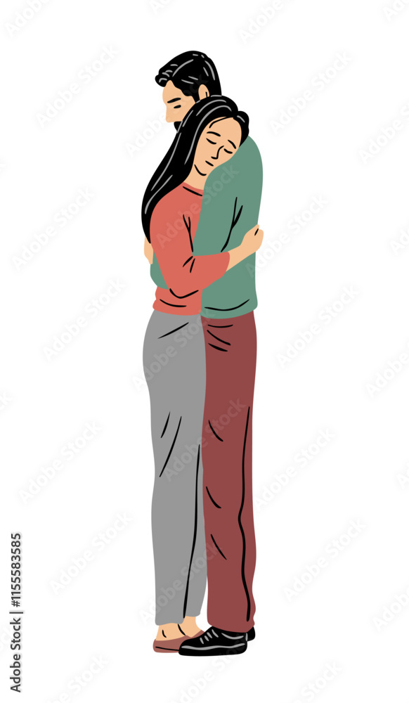 Young couple hugging. The man and the girl are touched in their feelings. Happy family and love. Forgiveness, farewell and goodbye. Flat vector art illustration isolated on white Young couple hugging. The man and the girl are touched in their feelings. Happy family and love. Forgiveness, farewell and goodbye. Flat vector art illustration isolated on white
