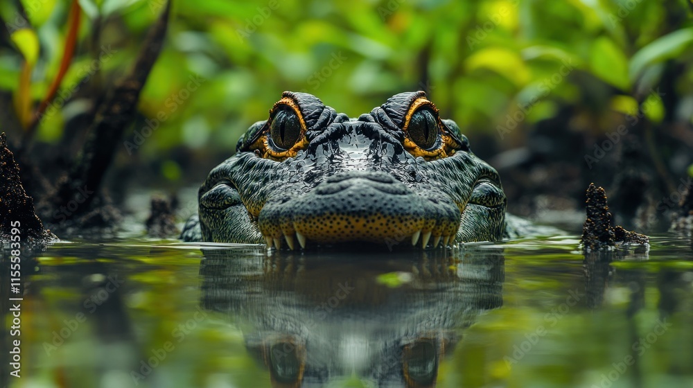 Fototapeta premium Close-up of alligator's head emerging from swamp water, showing detailed texture and intense gaze.