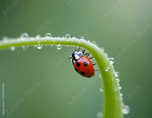 Macro Photography Ladybug on a Curled Green Stem in Stunning Detail photo