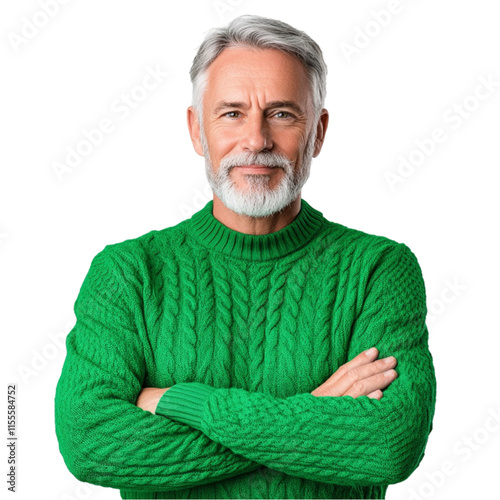 An elderly man in a green sweater smiling on a white transparent png background photo