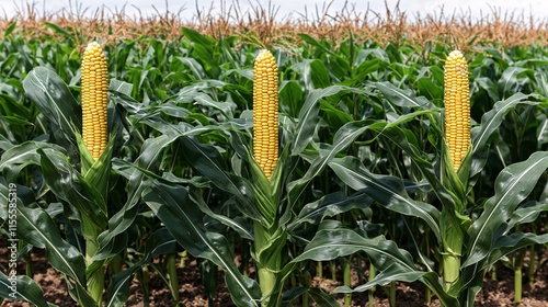 of corn stalks, blended with an image of a thriving field, symbolizing crop growth. | [food]:[Cereals] 