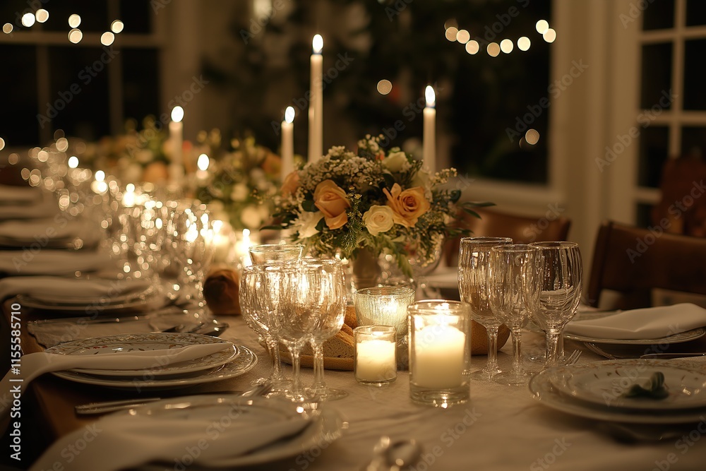 Elegant dinner party setup featuring candles and floral arrangements, perfect for gatherings with friends and family