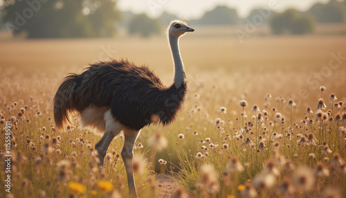 Ostrich standing in golden field with wildflowers at sunset photo