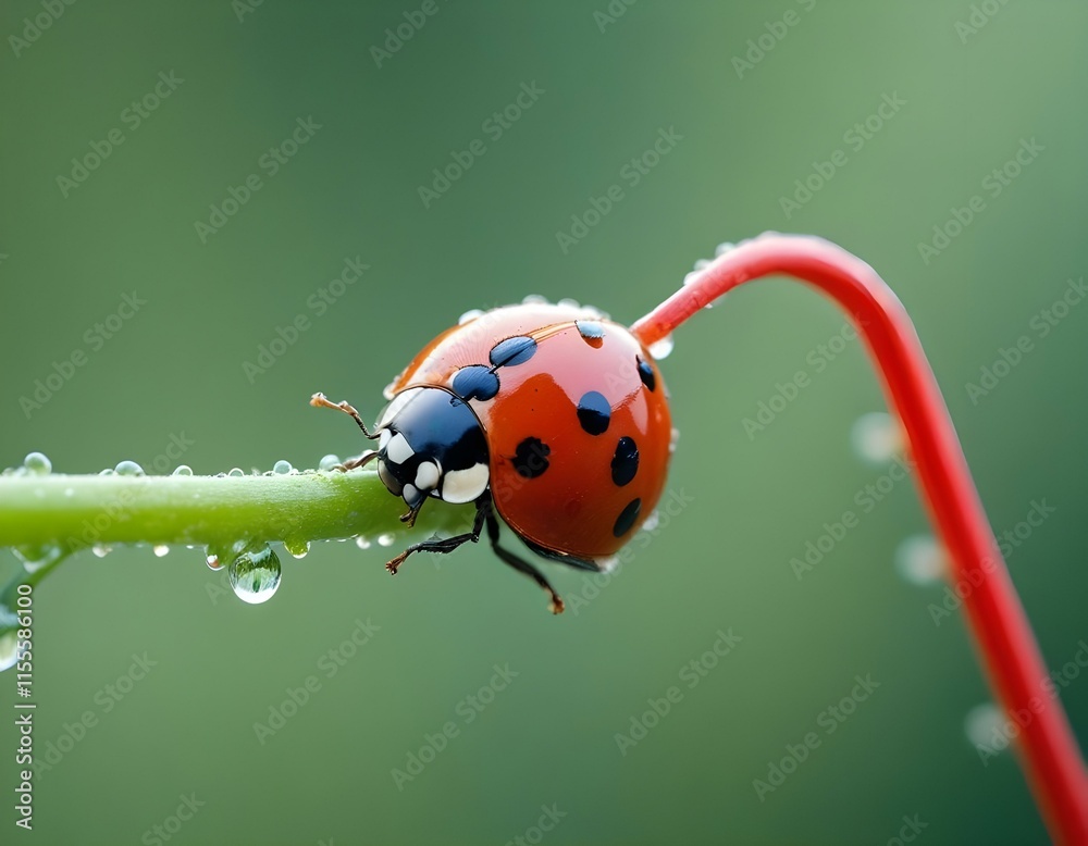 Fototapeta premium Macro Photography Ladybug on a Curled Green Stem in Stunning Detail