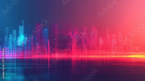Abstract Cityscape with Neon Glow and Digital Waves in Blue and Pink Color Palette