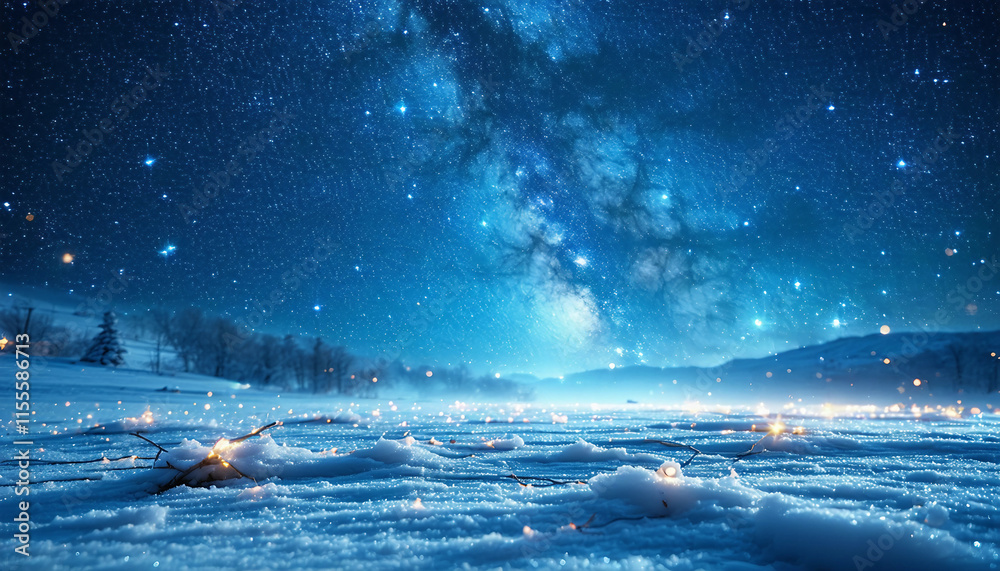 Fototapeta premium An endless snowfield under a cosmic night sky filled with swirling stars and glowing nebulae