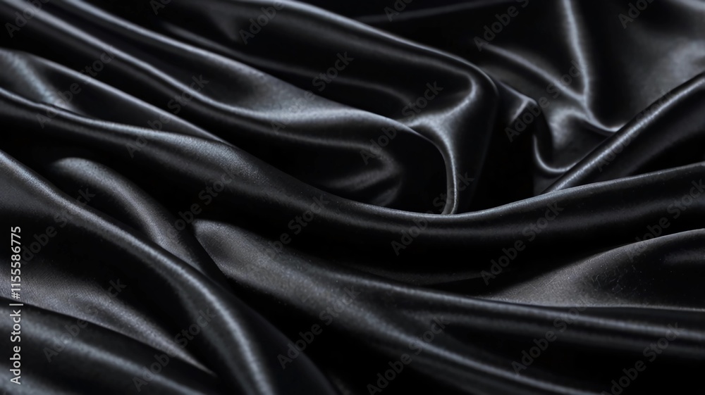 Obraz premium Black silky fabric with shiny waves for product placement, creative product display backdrop. Luxury product placement scene