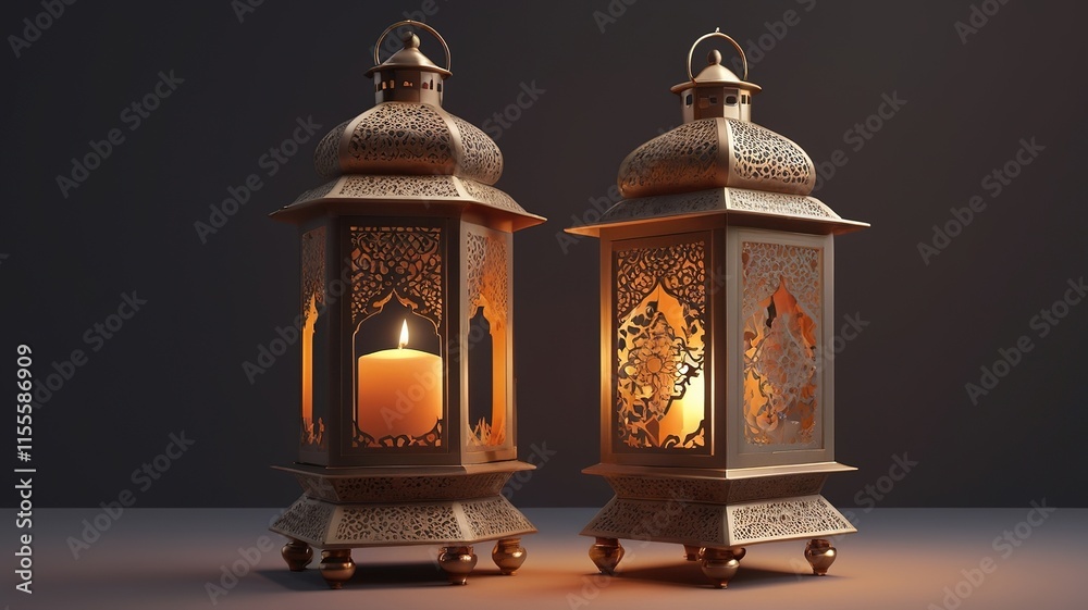 Ornamental Arabic Lantern with Burning Candle Ornamental Arabic Lantern with Burning Candle