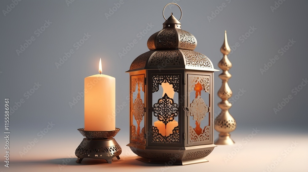 Ornamental Arabic Lantern with Burning Candle Ornamental Arabic Lantern with Burning Candle
