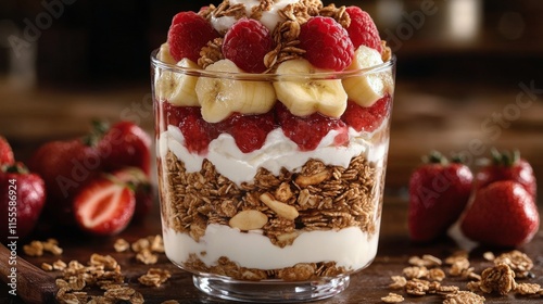 Delicious berry parfait with granola and yogurt served in a cozy kitchen setting