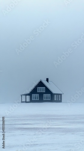 Snow-covered house in a vast winter landscape surrounded by a soft gray sky