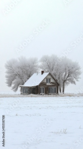 Snow-covered house in a vast winter landscape surrounded by a soft gray sky
