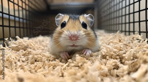 Cute hamster sitting on bedding with curious expression in cozy habitat