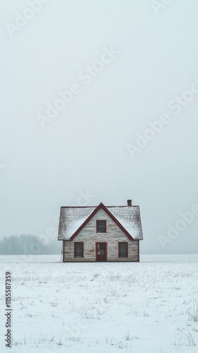 Snow-covered house in a vast winter landscape surrounded by a soft gray sky