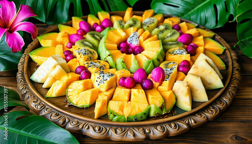 An exotic fruit platter featuring sliced dragon fruit, mango, papaya, kiwi, pineapple, and passion f (3)_2