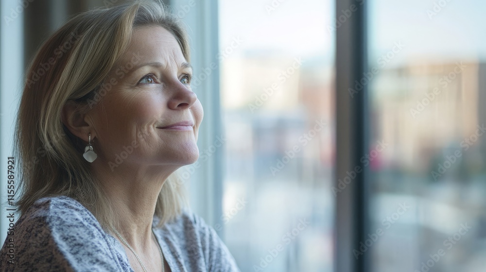 Caucasian mature female smiling while looking out bright window Caucasian mature female smiling while looking out bright window