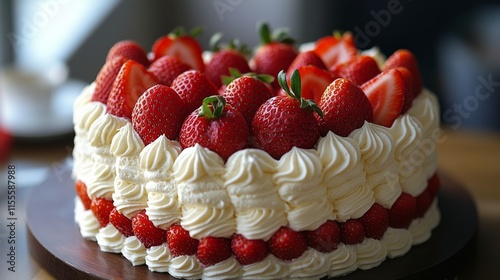 Delicious strawberry cake with whipped cream served on a white plate in a coz...
