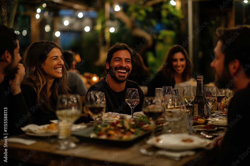 Friends share laughter and delicious food during a cozy evening gathering at a warm, inviting setting