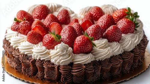 Delicious strawberry cake with whipped cream served on a white plate in a coz...