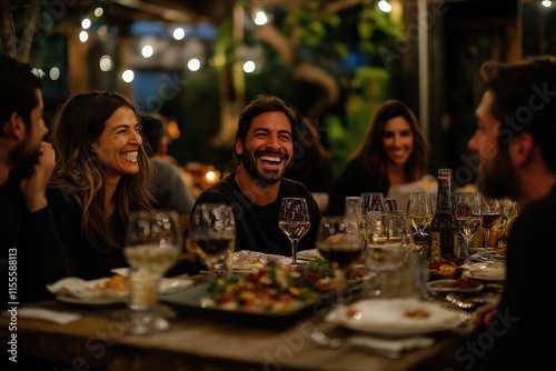 Obraz na płótnie Friends share laughter and delicious food during a cozy evening gathering at a warm, inviting setting w salonie