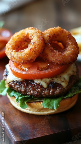 Delicious burger topped with shrimp and cheese in a cozy diner setting