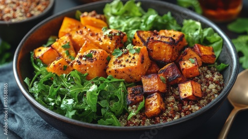 Grilled squash and quinoa salad featuring vibrant greens and roasted sweet po...