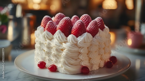 Delicious strawberry cake with whipped cream served on a white plate in a coz...