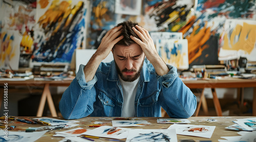 A pensive artist sits at a cluttered table, overwhelmed by sketches and paintings, reflecting the struggle and creativity in the artistic process.