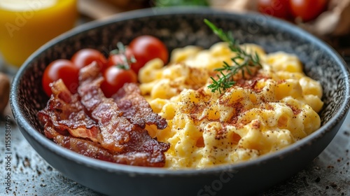 Delicious breakfast platter featuring scrambled eggs, bacon, toast, and green...