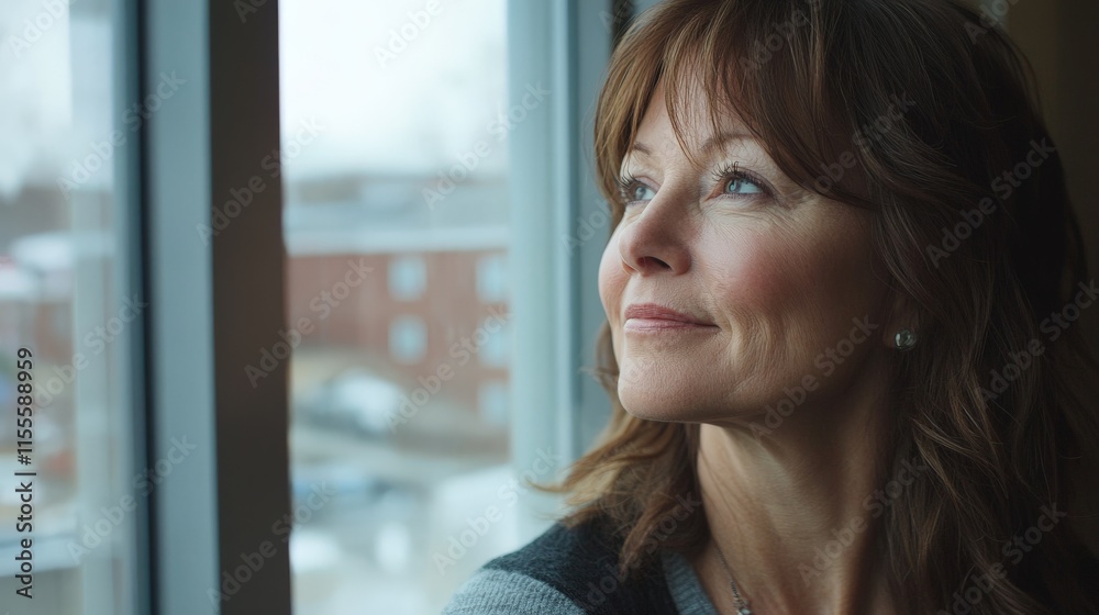 Caucasian mature female gazing out window with a thoughtful expression Caucasian mature female gazing out window with a thoughtful expression