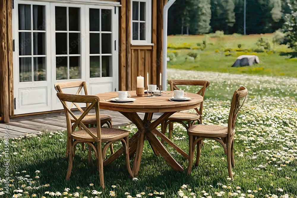 Obraz premium Serene outdoor dining scene featuring a rustic wooden table and chairs set amidst a field of wildflowers, near a charming wooden house.