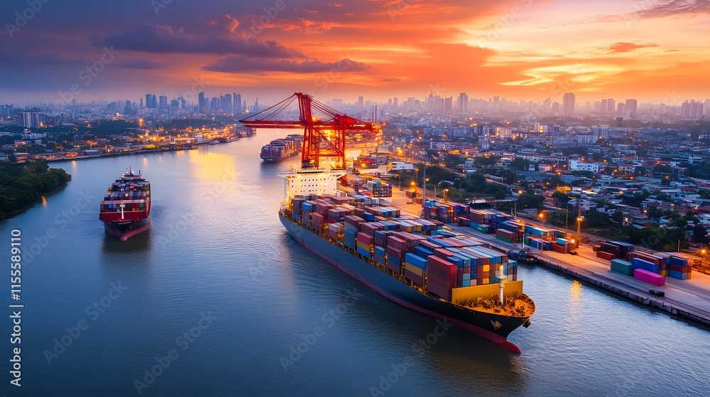 Aerial view of a bustling maritime trade hub with a container ship and cargo vessels illuminated at night showcasing the global shipping and logistics network that connects worldwide markets
Aerial view of a bustling maritime trade hub with a container ship and cargo vessels illuminated at night showcasing the global shipping and logistics network that connects worldwide markets