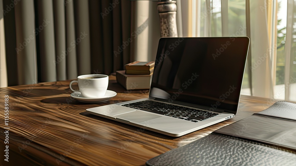 Fototapeta premium A minimalist workspace with a laptop, a cup of coffee, and a notebook on the desk.