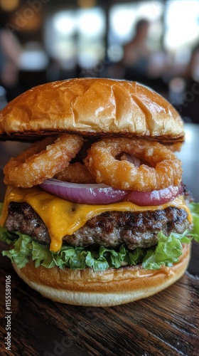 Delicious burger topped with shrimp and cheese in a cozy diner setting