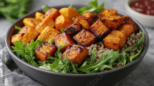 Grilled squash and quinoa salad featuring vibrant greens and roasted sweet po...