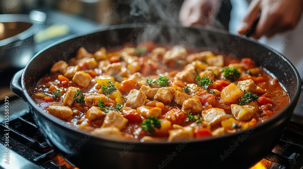 Cooking a colorful vegetable stew on a stove in a professional kitchen during evening hours Cooking a colorful vegetable stew on a stove in a professional kitchen during evening hours