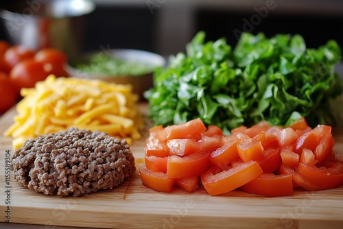 Freshly prepared hamburger on a wooden board with lettuce and tomato in a kit...