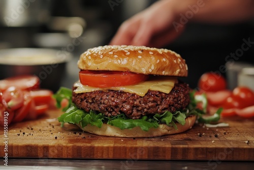 Freshly prepared hamburger on a wooden board with lettuce and tomato in a kit...