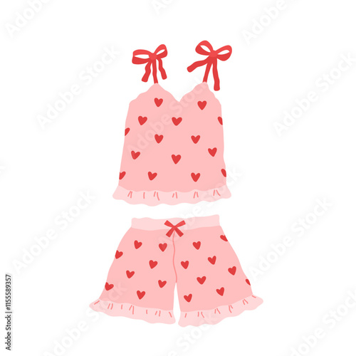 Cozy cute woman homewear. Coquette pretty comfy pajamas, top and shorts with red bow and hearts. Vector flat isolated illustration