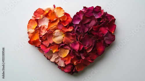 Heart shape made of colorful rose petals on a white background